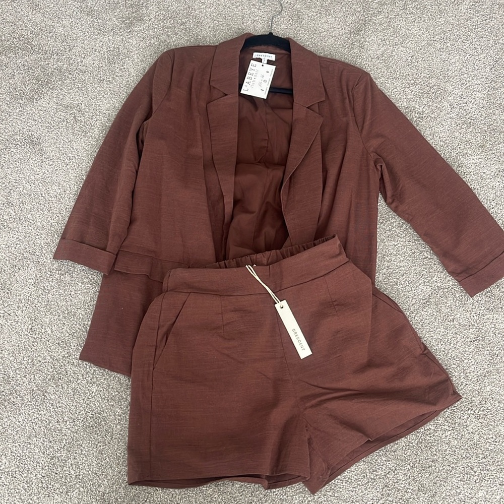 HIGH QUALITY BROWN LINED BLAZER SHORT SET